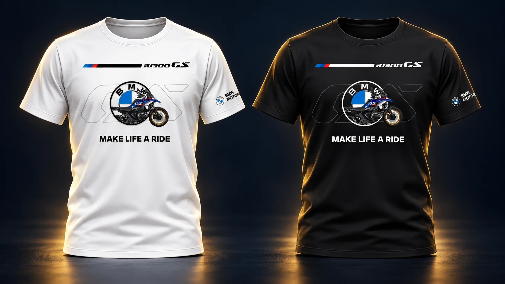 R 1300 GS T-Shirt Collection mockup showing the complete garments