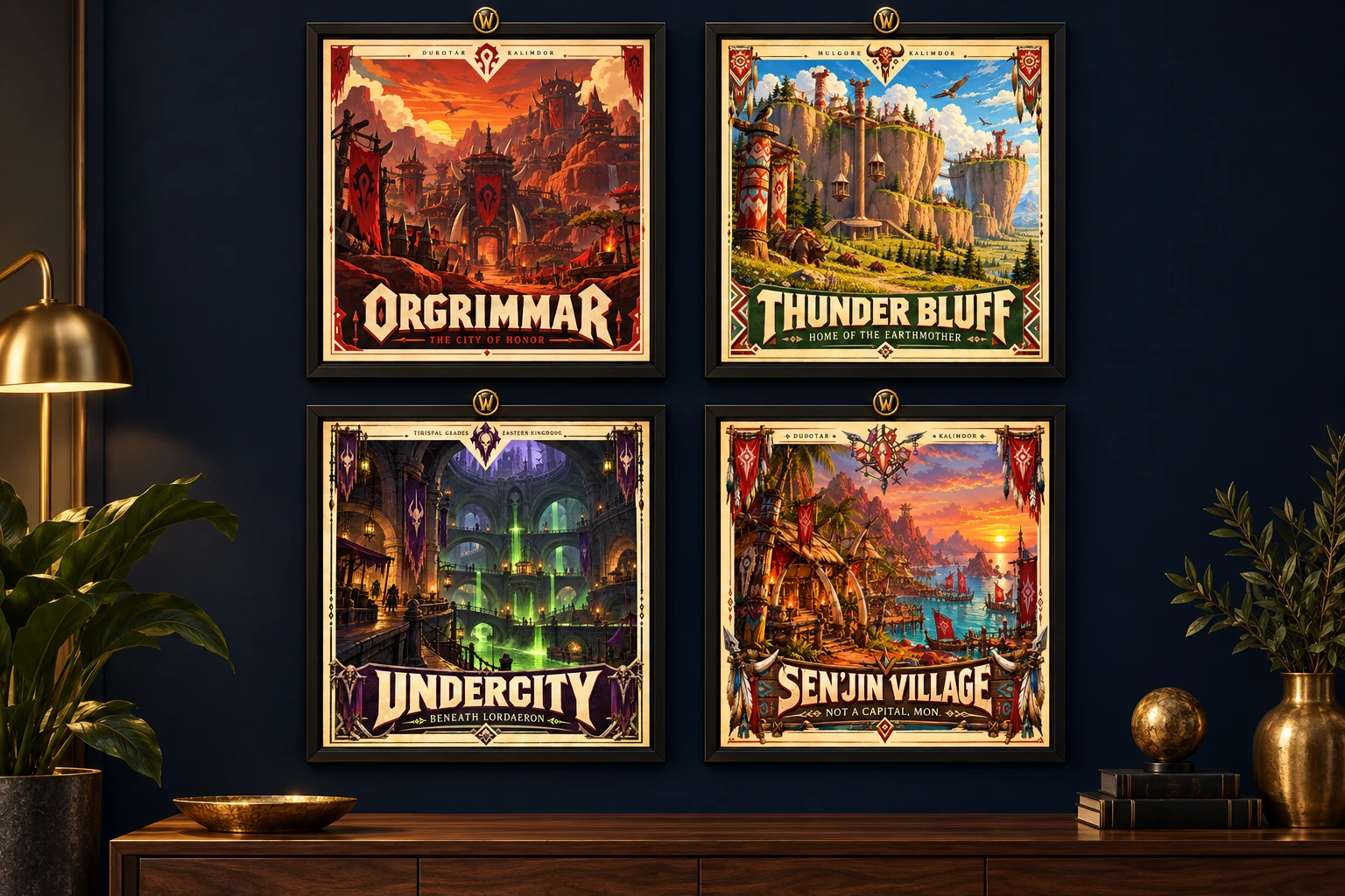 Four Horde city prints in black WoW-inspired frames on a navy wall